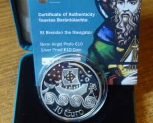 IRELAND 10 EURO SILVER PROOF COIN. 2011. SAINT BRENDAN THE NAVIGATOR.