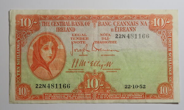 IRELAND LAVERY TEN SHILLING NOTE  22.10.1952.