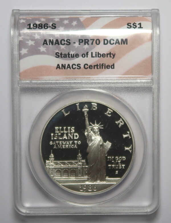 USA:  ELLIS ISLAND SILVER  COMMEMORATIVE ONE DOLLAR 1986. PROOF 70. DCAM. ANACS
