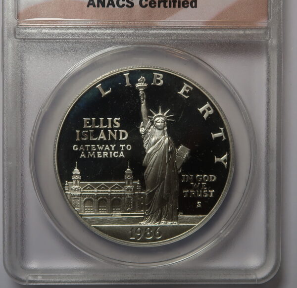 USA:  ELLIS ISLAND SILVER  COMMEMORATIVE ONE DOLLAR 1986. PROOF 70. DCAM. ANACS - Image 3