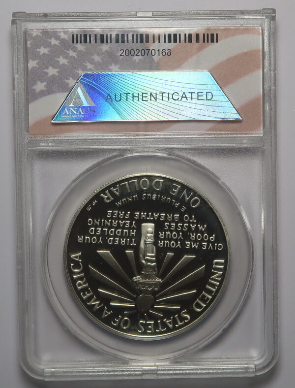 USA:  ELLIS ISLAND SILVER  COMMEMORATIVE ONE DOLLAR 1986. PROOF 70. DCAM. ANACS - Image 2