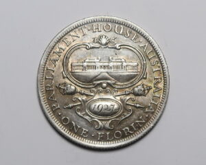 AUSTRALIA : SILVER FLORIN  1927.  GEORGE V.  OPENING OF OLD PARLIAMENT HOUSE.