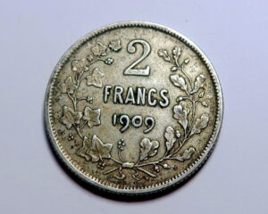 BELGIUM : SILVER TWO FRANCS 1909.