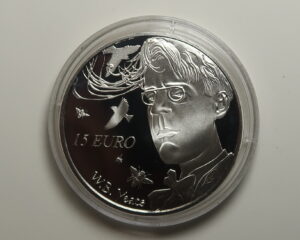 IRELAND 15 EURO SILVER PROOF COIN 2015.WILLIAM BUTLER YEATS. POET. IN CAPSULE.