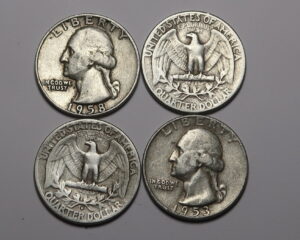 USA : WASHINGTON SILVER QUARTERS X 4. 1951,1953,1954 & 1958.