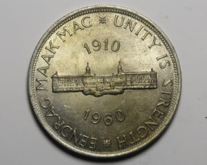 SOUTH AFRICA: SILVER FIVE SHILLINGS 1960.  50TH ANNIVERSAY SOUTH AFRICA UNION 1910-1960.
