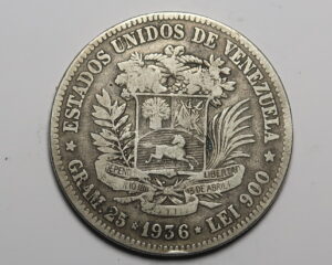 VENEZUELA :  SILVER 5 BOLIVAR 1936.