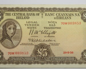 IRELAND LAVERY FIVE POUND NOTE  20.8.1956. EARLY DATE.
