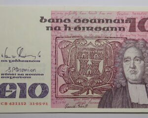 IRELAND TEN POUND NOTE 31.5.1991.  B.SERIES .  JONATHAN SWIFT.