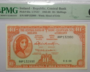IRELAND LAVERY TEN SHILLING NOTE 6.6.1968. GRADED PMG64. CHOICE UNCIRCULATED.