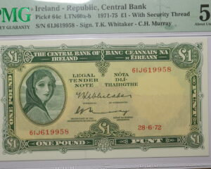 IRELAND LAVERY ONE POUND NOTE 28.6.1972.  A.SERIES. GRADED PMG 55.  ABOUT UNCIRCULATED.