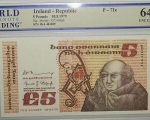 IRELAND: IRISH FIVE POUND NOTE DATED 10.5.1979. WORLD BANKNOTE GRADED 58 TOP. CHOICE UNC.