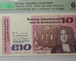 IRELAND TEN POUND NOTE DATED 8.12.1980. B.SERIES. GRADED PMG 64 CHOICE UNCIRCULATED.