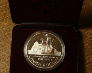 CANADA  SILVER PROOF ONE DOLLAR 1987.  400TH ANNIVERSARY DISCOVERY DAVIS STRAIT 1589-1987