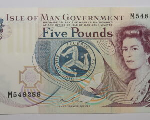ISLE OF MAN £5 POUND BANKNOTE UNC.  SERIAL NO:  M548288.